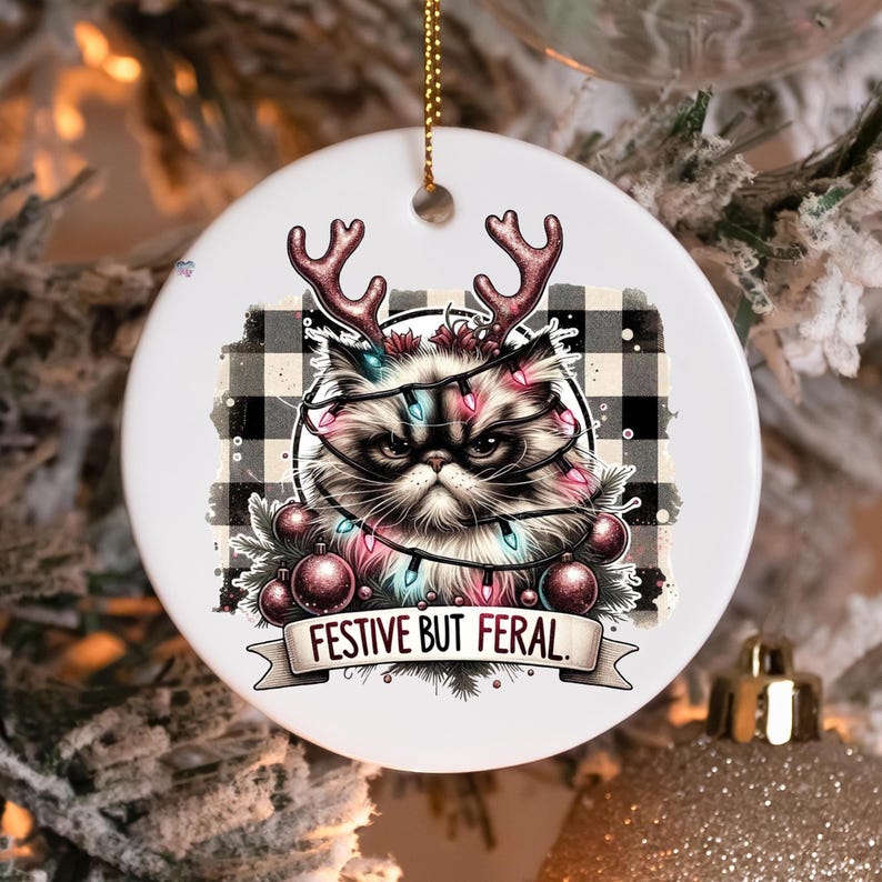 Festive but Feral Christmas Cat PNG Funny Grumpy cat Holiday Clipart Sarcastic Xmas Cat shirt ornament mug Design