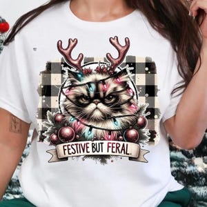 Festive but Feral Christmas Cat PNG Funny Grumpy cat Holiday Clipart Sarcastic Xmas Cat shirt ornament mug Design