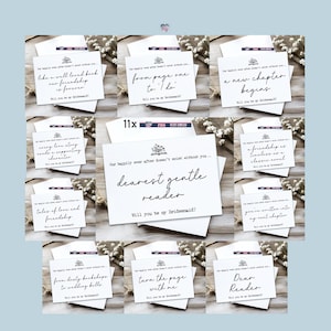 May include: A set of 11x printable cards with a book and tree design. The cards feature text such as "Our happily ever after doesn't exist without you... dearest gentle reader Will you be my Bridesmaid?" and "like a well-loved book our friendship is forever".