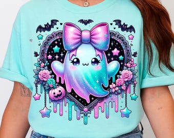 Pastel Goth Kawaii Ghost Shirt PNG Cute Halloween Ghost with Bow, Bats, Stars & Roses Spooky Cute Creepy Aesthetic Fall Design