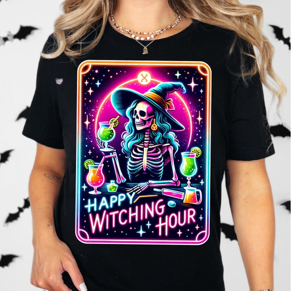 Neon Halloween witch tarot cards PNG glow in the dark bartender PNG drink up witches spooky vibe cocktail bar poster PNG girls night digital