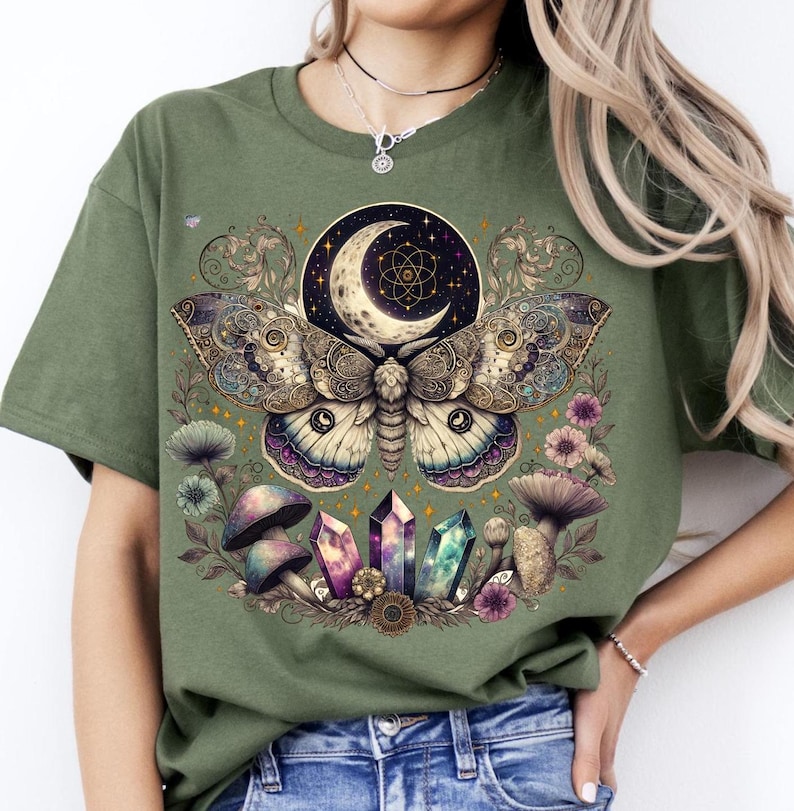 Celestial lunar moth PNG vintage moth clipart cottagecore shirt boho mushroom PNG witchy aesthetic mystical moon digital art