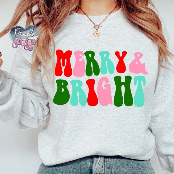 Merry & Bright Retro wavy groovy Christmas Png and Svg, peppermint