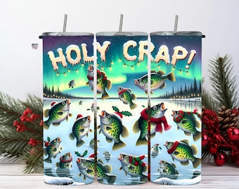 Christmas fishing 20oz skinny tumbler wrap jumping crappie fish png sublimation funny fishing winter png crappies tumbler holy crap digital