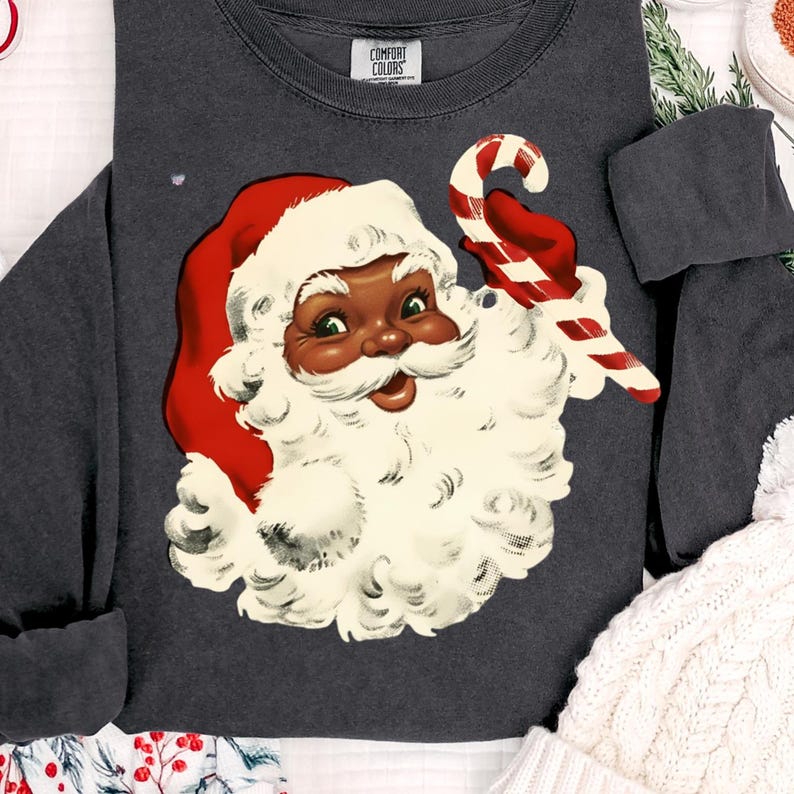 vintage Retro Christmas Black Santa Clipart PNG African American Santa Claus PNG Cute Xmas Shirt Design Holiday Art