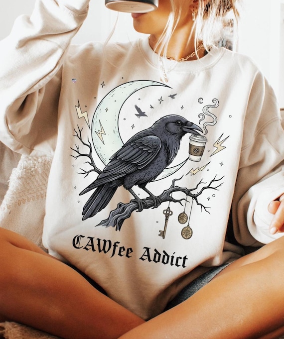 CAW coffee Addict Crow PNG, Funny Raven Coffee Clipart, Gothic Halloween PNG, Dark Academia Crow Design, Witchy Coffee Sublimation Art