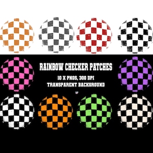 May include: A collection of ten rainbow checker patches in various colors, including orange, gray, red, black, pink, purple, green, and white. The text "RAINBOW CHECKER PATCHES" is displayed above the patch images.