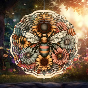 May include: A colorful metal wind spinner with a bee and flowers. The bee is yellow and black with brown wings. The flowers are red, yellow, blue, and green. The wind spinner is designed to spin in the wind.
