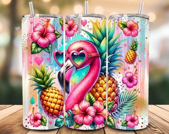 Flamingo Tumbler PNG, Tropical Brushstroke Sublimation, Pineapple Beach Clipart, Summer Flamingo Wrap, Vacation PNG, Cute Bird Design