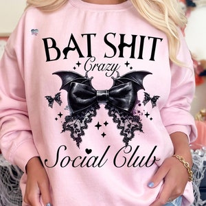 May include: Pink sweatshirt with a black bat and bow graphic. The text "Bat Shit Crazy Social Club" is printed on the front of the sweatshirt.
