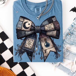 Potion Spell Patchwork Bow PNG Gothic Witchy Halloween Shirt Design Vintage Grunge Witch Bow Clipart Spooky Dark Academia Sublimation