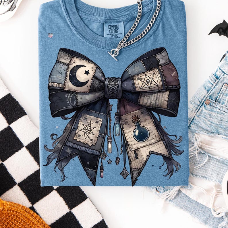 Potion Spell Patchwork Bow PNG Gothic Witchy Halloween Shirt Design Vintage Grunge Witch Bow Clipart Spooky Dark Academia Sublimation