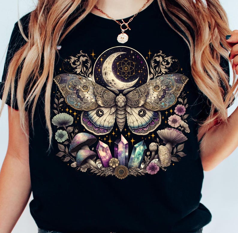 Celestial lunar moth PNG vintage moth clipart cottagecore shirt boho mushroom PNG witchy aesthetic mystical moon digital art