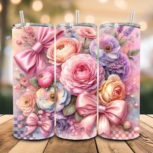 Pastel Coquette Floral 20 oz Skinny Tumbler Wrap PNG peonie rose Seamless Floral Bow Wrap per Drinkware digitale