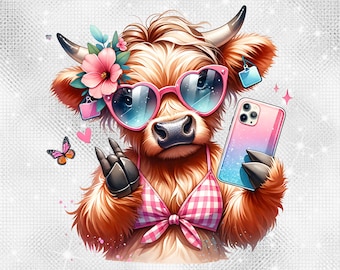 Vaca de las Tierras Altas de Verano PNG Chica Caliente Vaca de Verano Clipart Selfie Vaca en Bikini de Cuadros Descarga Digital para Sublimación