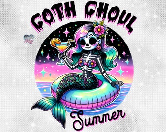 Ghoul de verano gótico PNG, divertido esqueleto de sirena de verano, diseño de sublimación de esqueleto atrevido, vacaciones de verano PNG, pastel gótico de moda PNG
