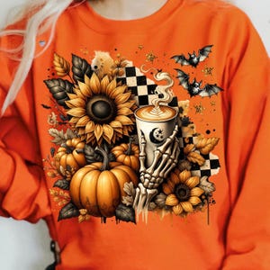 Skeleton Coffee PNG Fall Halloween Clipart, Pumpkin Spice Latte Sublimation, Spooky Sunflowers Grunge Checkered Mug PNG Digital