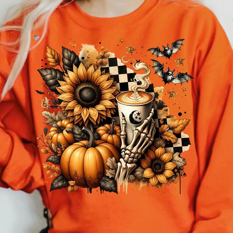 Skeleton Coffee PNG Fall Halloween Clipart, Pumpkin Spice Latte Sublimation, Spooky Sunflowers Grunge Checkered Mug PNG Digital