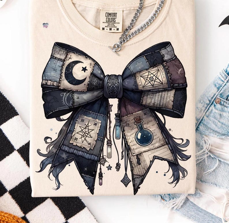 Spooky Patchwork Bow PNG Bundle Gothic Halloween Shirt Clipart Set Vintage Witchy Bows Dark Academia Grunge Halloween Sublimation