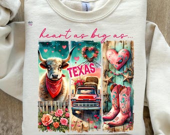 Vintage Texas Valentine Shirt PNG Rustikale Longhorn Kuh & Cowboy Boot Design Große Liebe Texas Style Clipart Sublimation Western Dekor digital