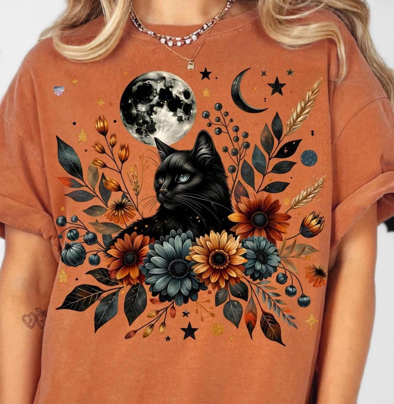 Celestial Black Cat PNG Clipart, Gothic Halloween Floral Cat Art, Autumn Full Moon Sunflowers Mystical Cat PNG Digital Download