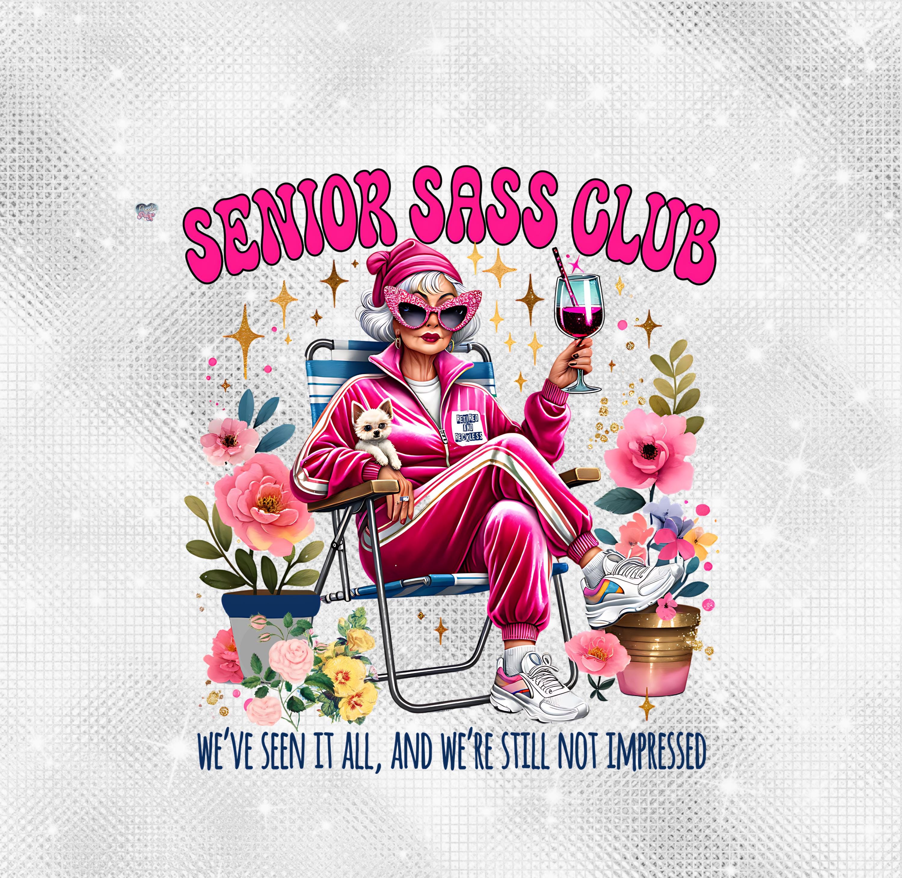 Senior Sass Club PNG, Funny Old Lady Clipart, Sassy Retirement Shirt Design, Hot Pink Tracksuit Grandma, Wine Tumbler Sublimation PNG