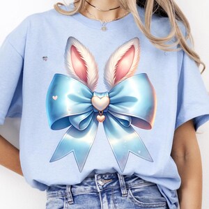 Coquette Bow Bunny Ears Shirt PNG cute blue Rabbit clipart Happy Easter Day Gift Coquette Easter animal sublimation digital