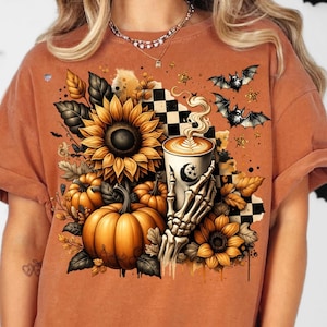 Skeleton Coffee PNG Fall Halloween Clipart, Pumpkin Spice Latte Sublimation, Spooky Sunflowers Grunge Checkered Mug PNG Digital