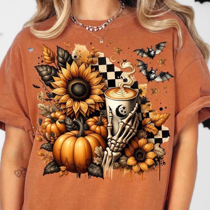 Skeleton Coffee PNG Fall Halloween Clipart, Pumpkin Spice Latte Sublimation, Spooky Sunflowers Grunge Checkered Mug PNG Digital