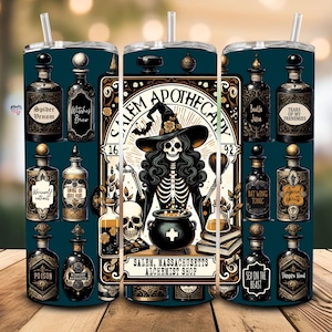 Cartas de tarô de bruxa de Halloween, copo fino de 20 oz, embalagem de boticário de Salem PNG, cafeteria Witches Brew PNG, copo de terror, sublimação digital