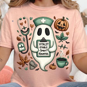 Vitals Stable Spirit Haunted Nurse Ghost PNG, Faux Embroidered Halloween RN Shirt Sublimation, Cozy Burnout Medical Fall Design