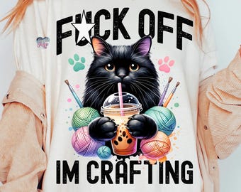 Funny Black cat lady crafting PNG cat mom iced coffee sublimation sassy mothers day knitting PNG obscene cat mama crochet digital download