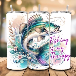 Fishing is My Therapy 20 oz Skinny Tumbler Wrap bas sublimatie ontwerp digitale download grappige vissersvrouw cadeau digitaal png-bestand