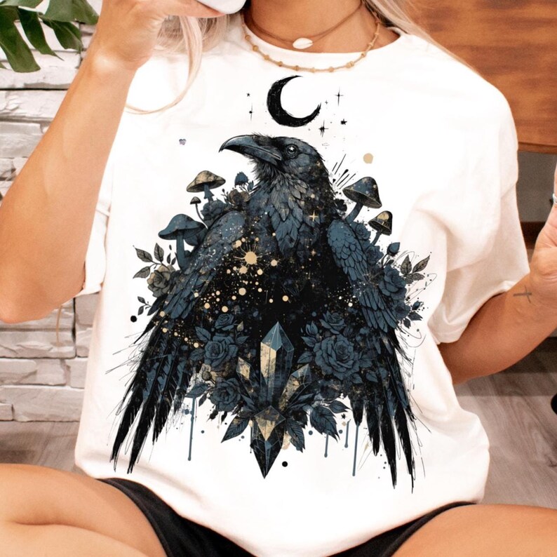 Celestial Raven PNG Dark Academia Gothic Art, Witchy Raven Shirt Design, Crystal Crow Clipart, Halloween Mystical Sublimation PNG