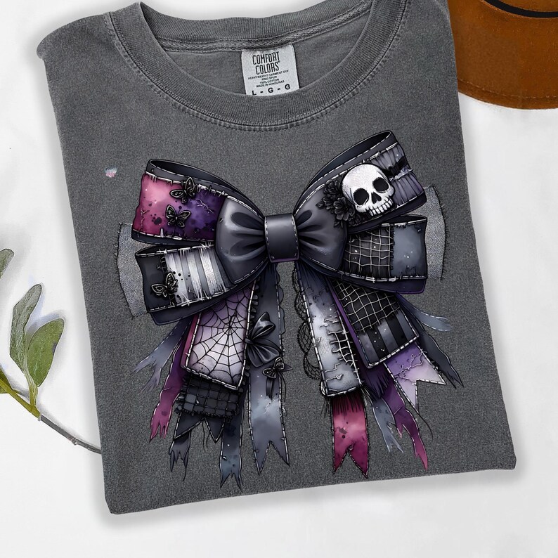 Cursed Gothic Patchwork Coquette Bow PNG, Grunge Halloween Ribbon Clipart, Spiderweb Skull Bow PNG for Shirts, Digital Download