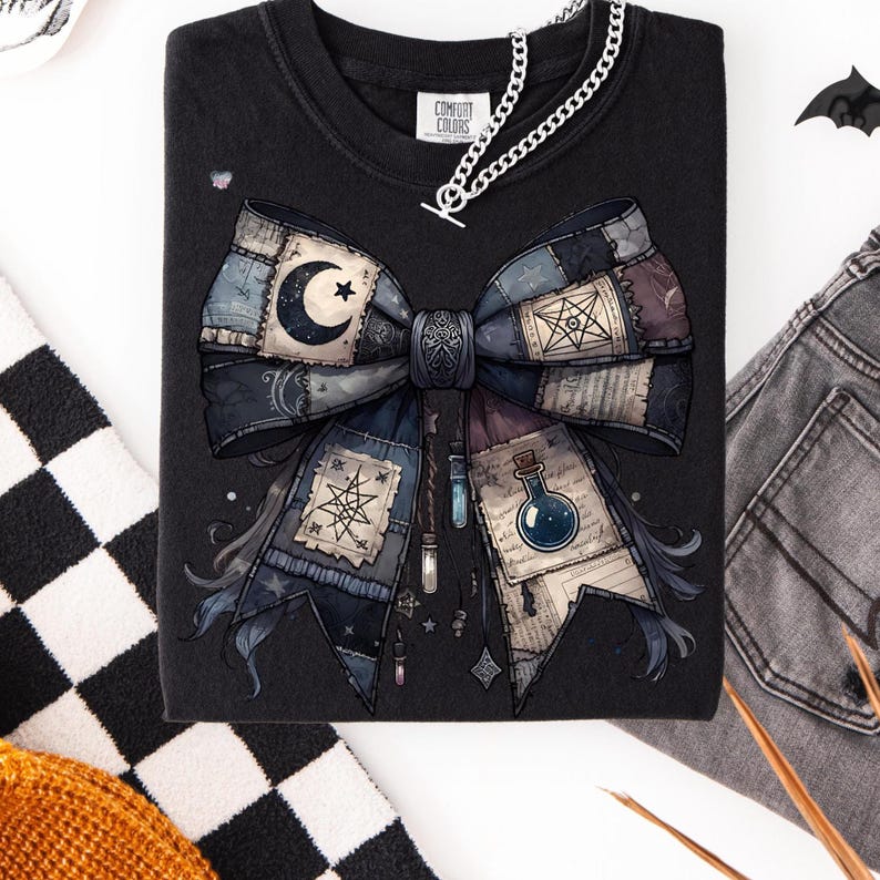 Potion Spell Patchwork Bow PNG Gothic Witchy Halloween Shirt Design Vintage Grunge Witch Bow Clipart Spooky Dark Academia Sublimation