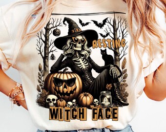 Resting Witch Face PNG, Funny Witch Halloween Clipart, Vintage Spooky Fall Art for Shirts, Watercolor Sarcastic Witch Sublimation