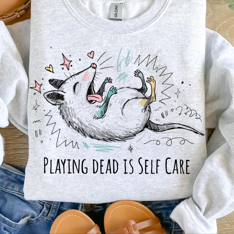 Playing Dead Is Self Care PNG, Funny Possum Shirt Design, Chaotic Animal Meme, Burnout Humor Graphic, Goblincore Feral Creature