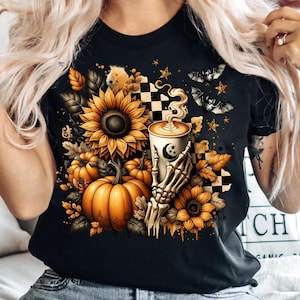 Skeleton Coffee PNG Fall Halloween Clipart, Pumpkin Spice Latte Sublimation, Spooky Sunflowers Grunge Checkered Mug PNG Digital