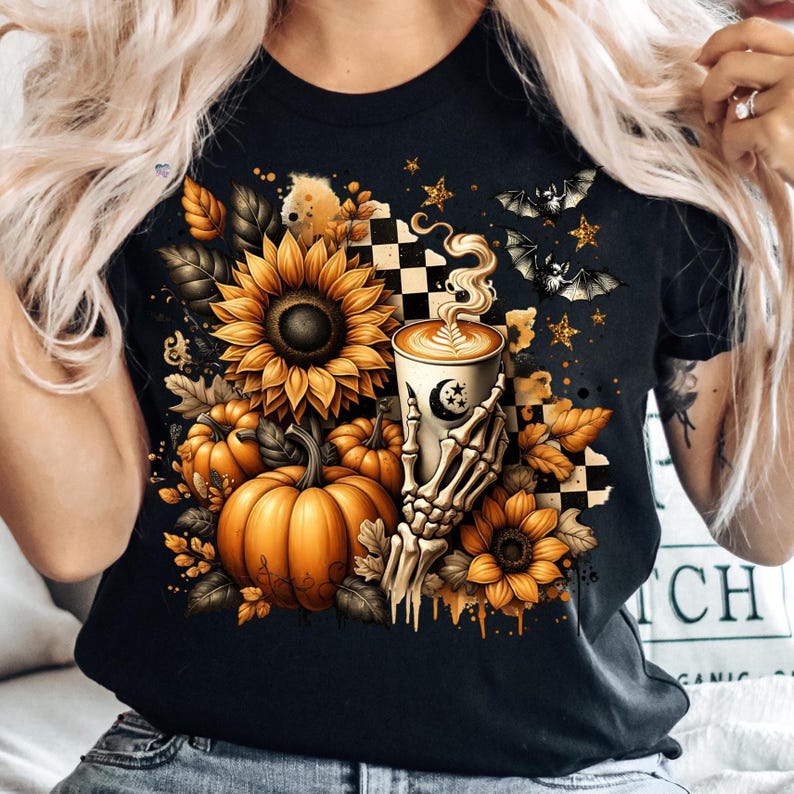 Skeleton Coffee PNG Fall Halloween Clipart, Pumpkin Spice Latte Sublimation, Spooky Sunflowers Grunge Checkered Mug PNG Digital
