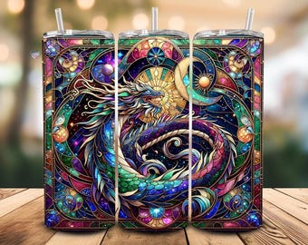 Stained Glass Dragon Tumbler Wrap PNG Galactic Metallic Celestial Dragon Design 20 Unzen Skinny Tumbler Sublimation Fantasy Galaxy Clipart