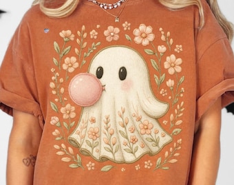 Bubblegum Geist Stickerei PNG - Cottagecore Halloween Shirt Design, Herbst Blumengeist Clipart, Gemütliche Vintage Halloween Sublimation PNG
