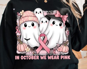 In October We Wear Pink 4 Ghosts PNG Breast Cancer Awareness Halloween Shirt PNG Black Background Cute Ghost Pink Ribbon PNG