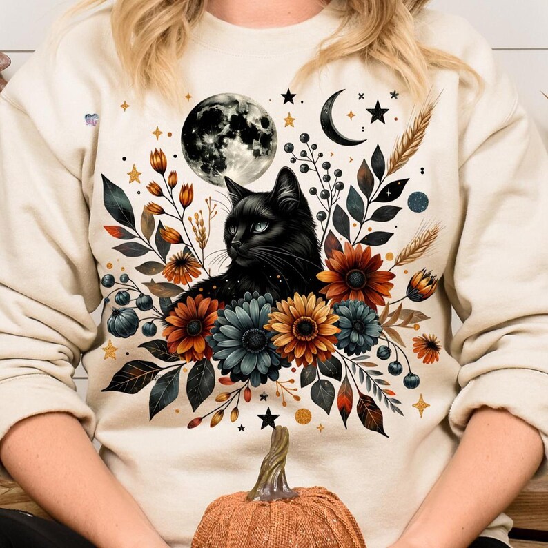 Celestial Black Cat PNG Clipart, Gothic Halloween Floral Cat Art, Autumn Full Moon Sunflowers Mystical Cat PNG Digital Download