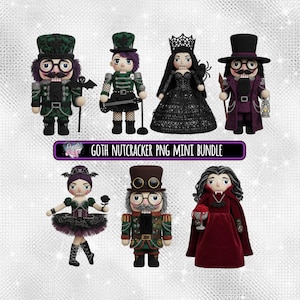 May include: A set of seven gothic-style nutcracker dolls. The dolls feature dark colour schemes, including black, purple, and green. Each doll is dressed in detailed outfits, hats, and accessories. The image includes the text "GOTH NUTCRACKER PNG MINI BUNDLE".