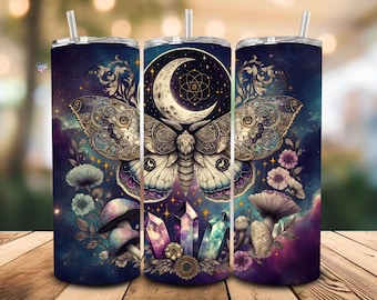 Celestial Moth Crystal Tumbler Wrap PNG Mystical Galaxy Butterfly Skinny Wrap for 20 oz Cup Witchy Cosmic Floral Sublimation Design