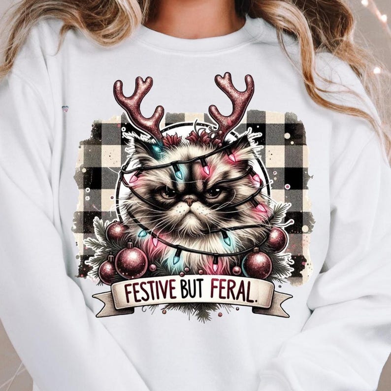 Festive but Feral Christmas Cat PNG Funny Grumpy cat Holiday Clipart Sarcastic Xmas Cat shirt ornament mug Design