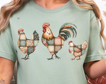 Patchwork Floral Chicken Trio PNG Rustic Farmhouse Hen and Rooster Clipart Vintage Quilt Farmhouse Animals Digital Download