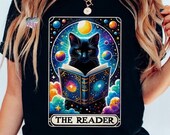 The reader cat tarot card clipart black cat tarot png book lover png book club png celestial cat reading sublimation Halloween shirt digital