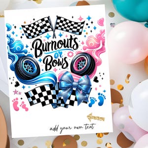 K&ouml;nnte beinhalten: Eine Einladung zu einer Gender-Reveal-Party mit einem blau-rosa karierten Flaggen-Design. Der Text lautet "Burnouts or Bows" mit einer blauen Schleife und einer rosa Schleife. Der Text "add your own text" befindet sich am unteren Rand der Einladung.
